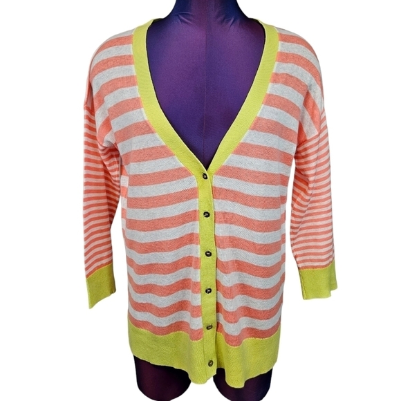 JCP White & Salmon Striped Linen Blend Button Front Cardigan Size Small - Picture 9 of 9
